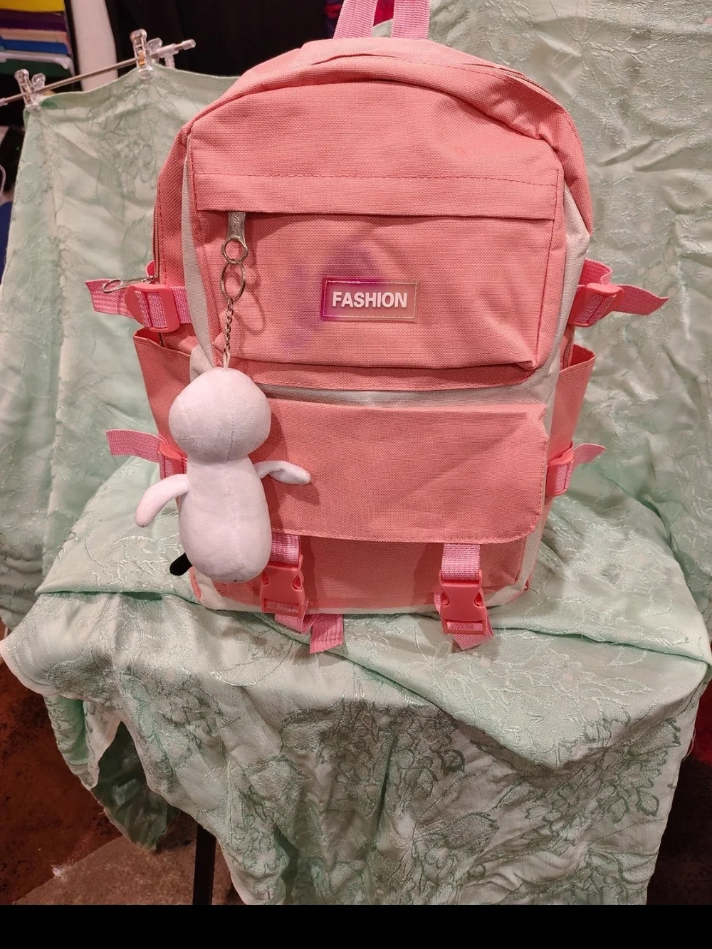 Pink Kids Backpack with Plush Keychain